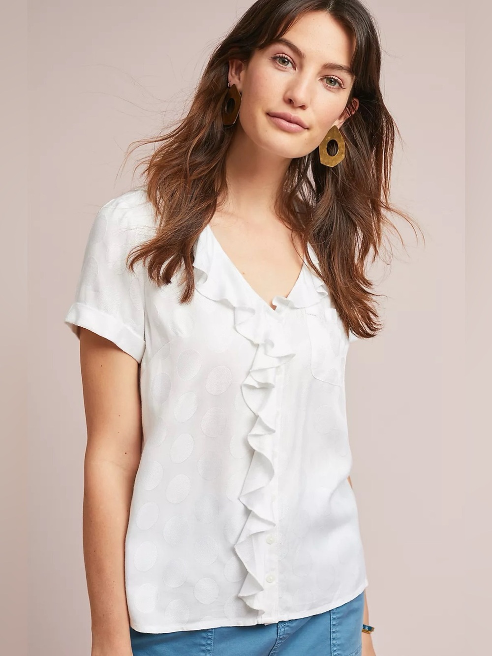 Anthropologie Maeve Jojo Ruffled Polka Dot White Blouse in Size Extra Small P.